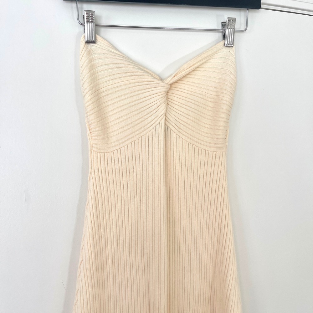 FORE Ribbed Knit‎ Strapless Midi Dress Slit Size Small Cream Twist Front Evening - Picture 2 of 8